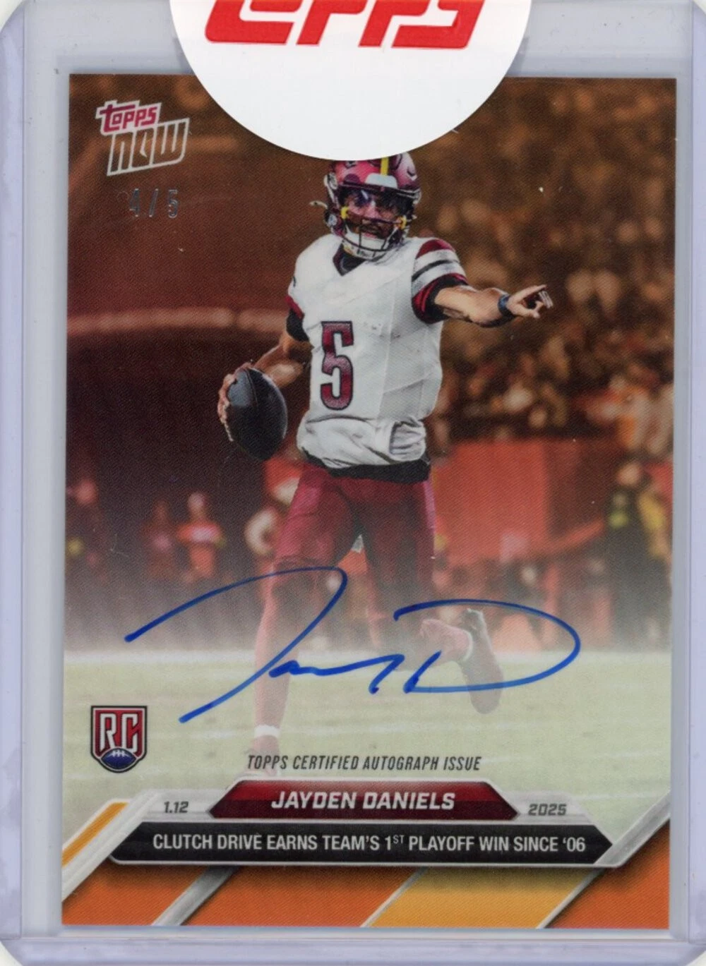 2024 Topps Now Jayden Daniels #22B 1st Playoff Win Orange Auto /5 Rookie Card
