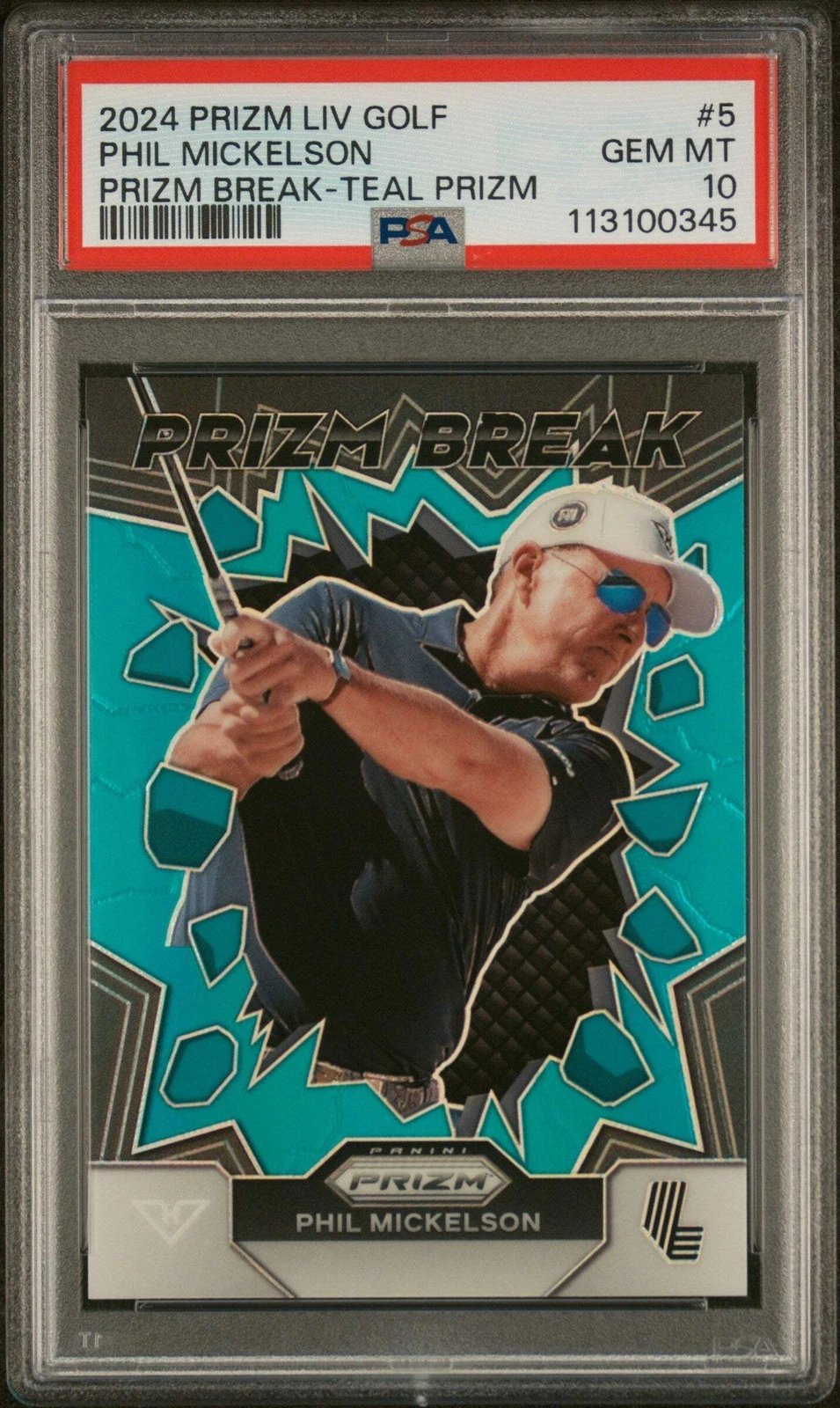 Graded 2024 Panini Prizm LIV Golf Phil Mickelson #5 Teal /199 Rookie Card PSA 10