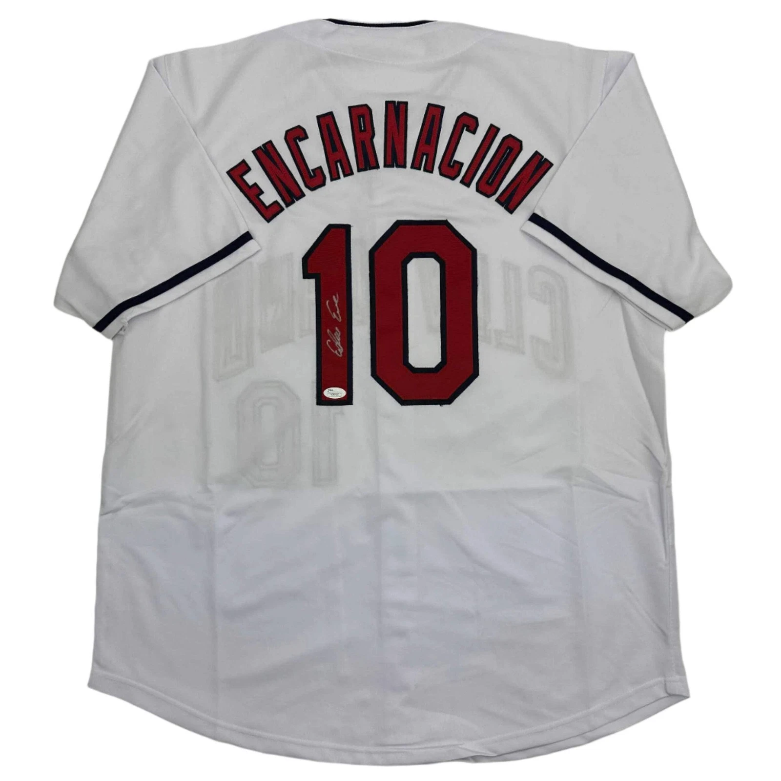 Autographed/Signed Edwin Encarnacion Cleveland White Baseball Jersey JSA COA
