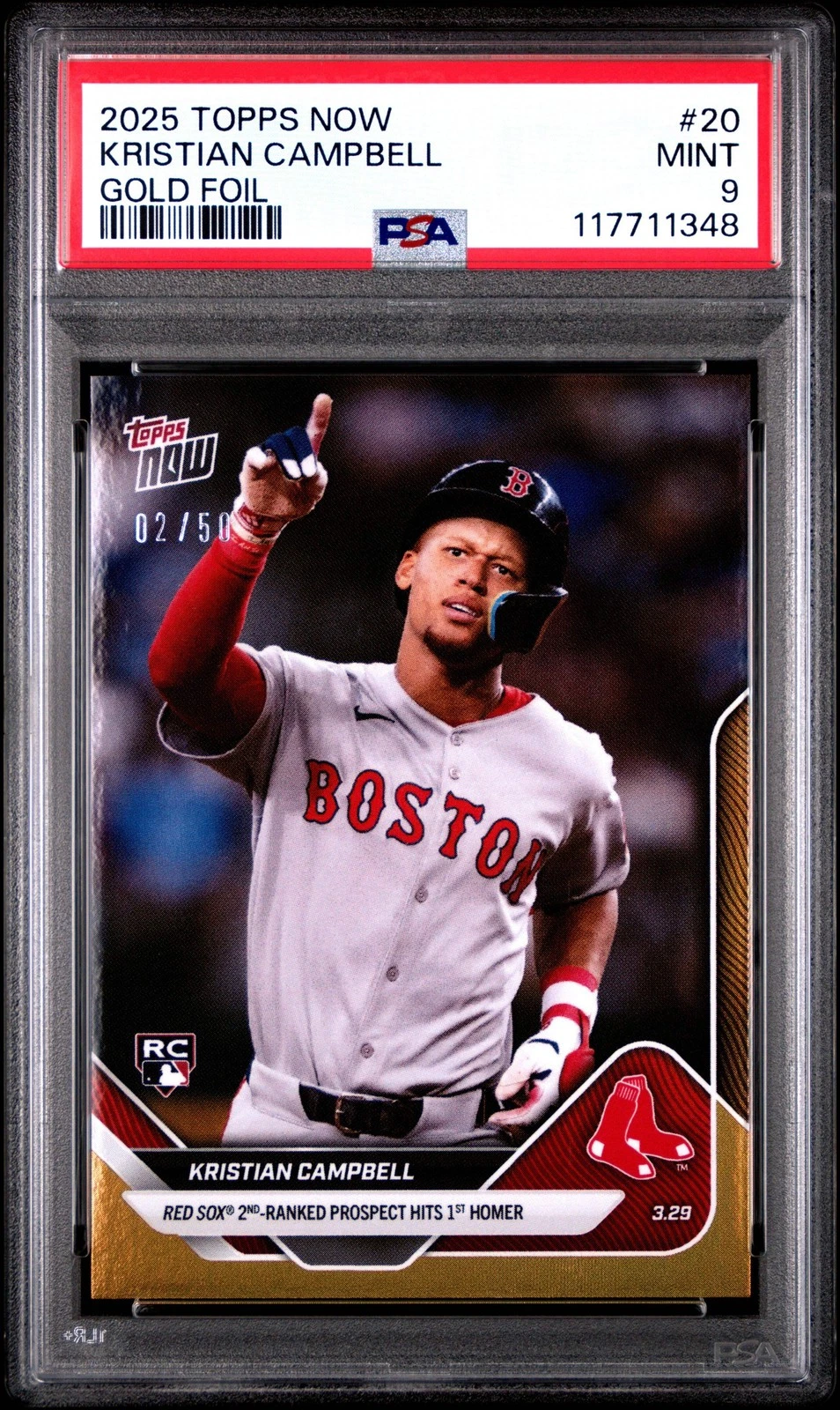 Graded 2025 Topps Now Kristian Campbell #20 Gold /50 RC Baseball Card PSA 9
