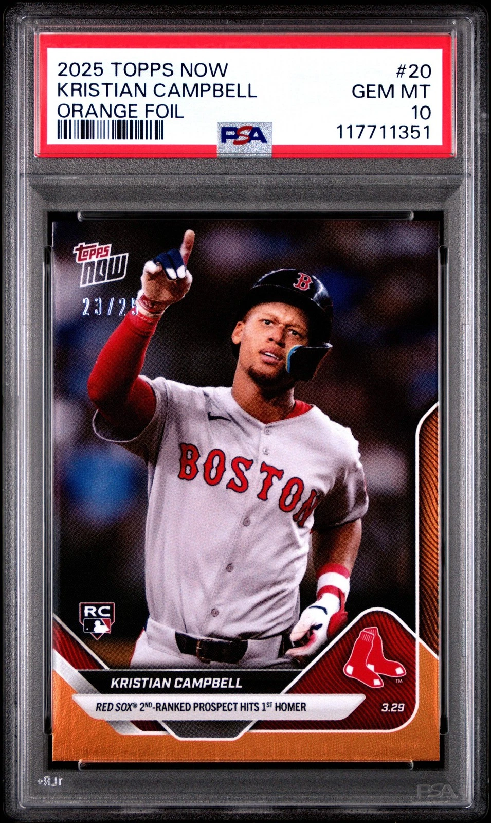 Graded 2025 Topps Now Kristian Campbell #20 Orange /25 RC Baseball Card PSA 10