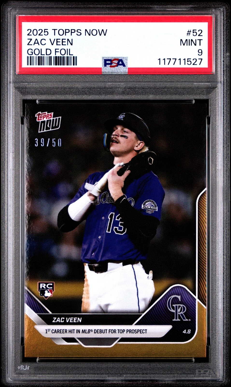 Graded 2025 Topps Now Zac Veen #52 Gold Foil /50 Rookie RC Baseball Card PSA 9