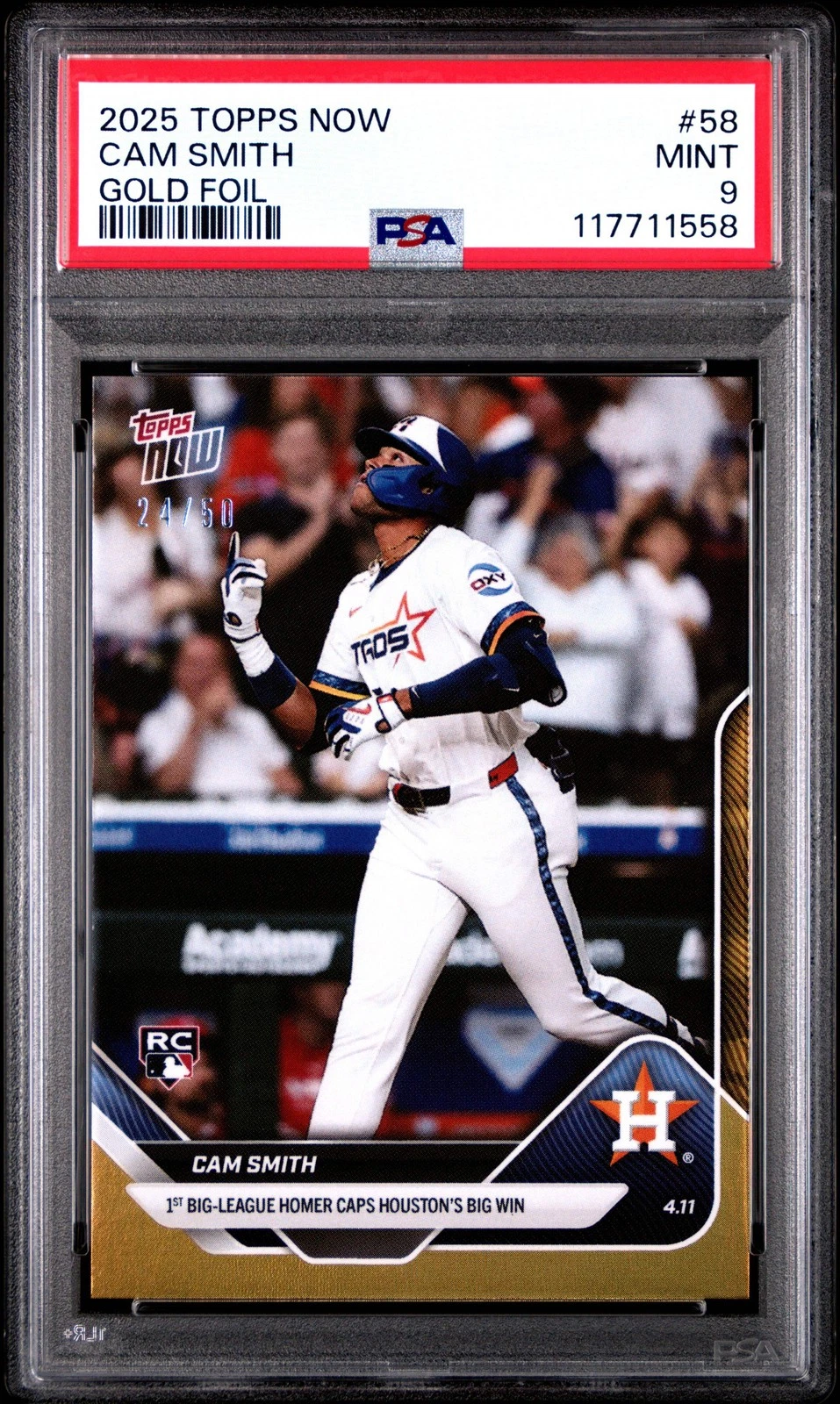 Graded 2025 Topps Now Cam Smith #58 Gold Foil /50 Rookie RC Baseball Card PSA 9
