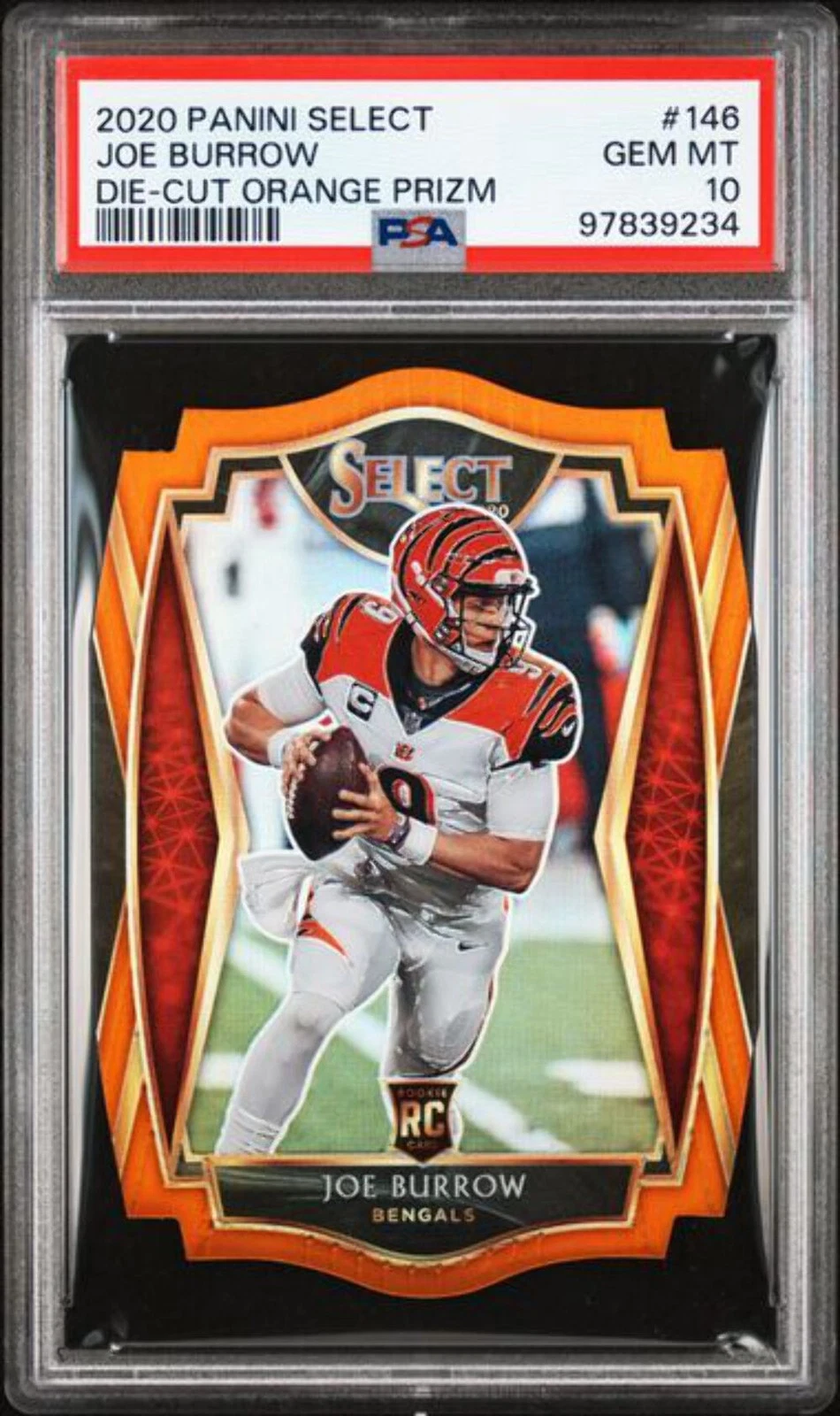 Graded 2020 Panini Select Joe Burrow #146 Die-Cut Orange Prizm RC Card PSA 10