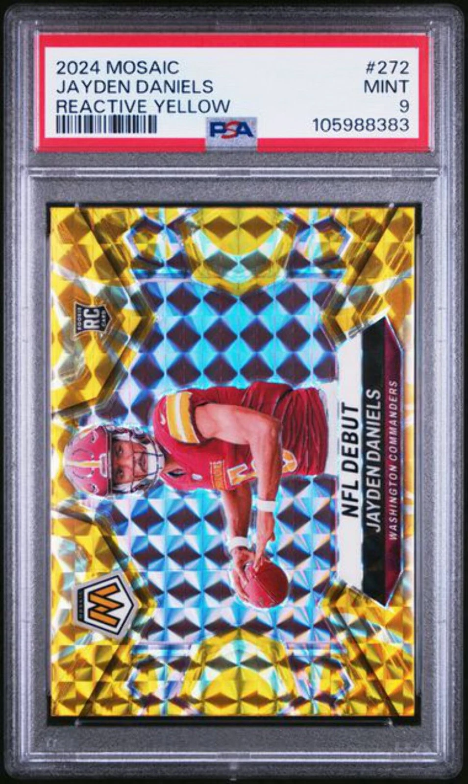 Graded 2024 Panini Mosaic Jayden Daniels #272 Reactive Yellow RC Card PSA 9