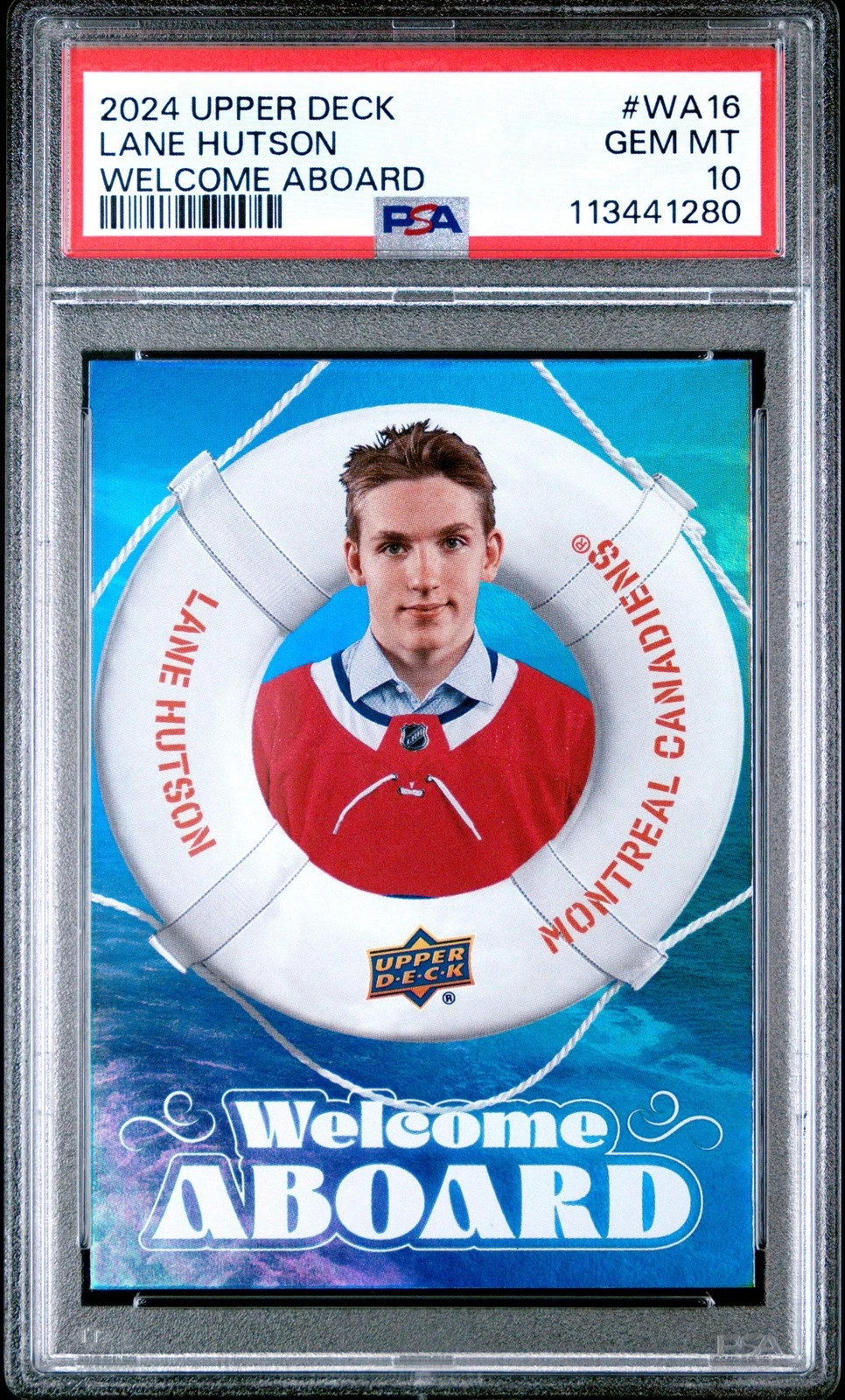 Graded 2024 Upper Deck Lane Hutson #WA16 Welcome Aboard RC Hockey Card PSA 10