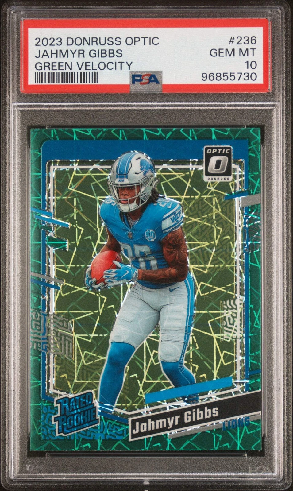 Graded 2023 Donruss Optic Jahmyr Gibbs #236 Green Velo RC Football Card PSA 10