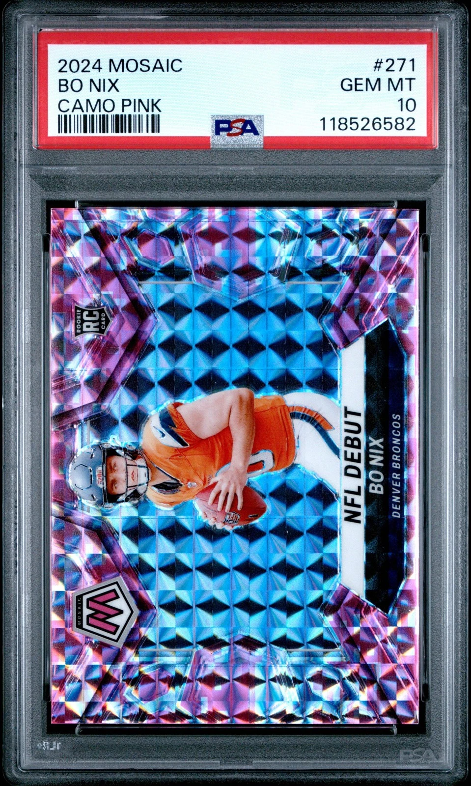 Graded 2024 Panini Mosaic Bo Nix #271 Camo Pink Rookie RC Football Card PSA 10
