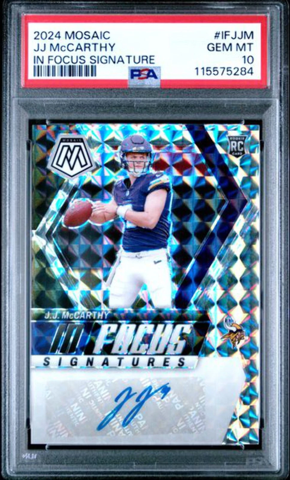 Graded 2024 Mosaic JJ McCarthy #IFJJM In Focus Signature RC Football Card PSA 10