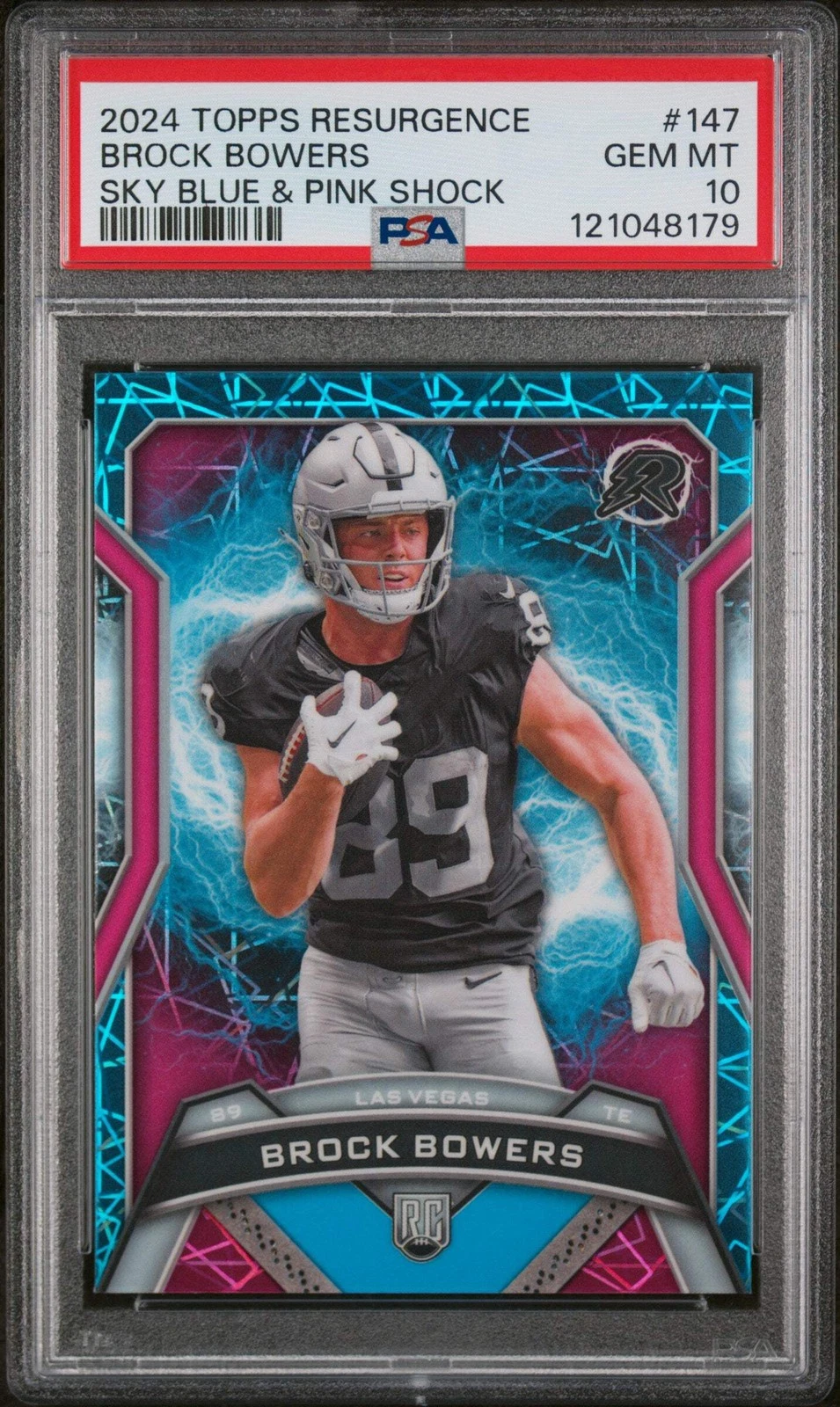 Graded 2024 Resurgence Brock Bowers #147 Blue/Pink Shock RC Football Card PSA 10