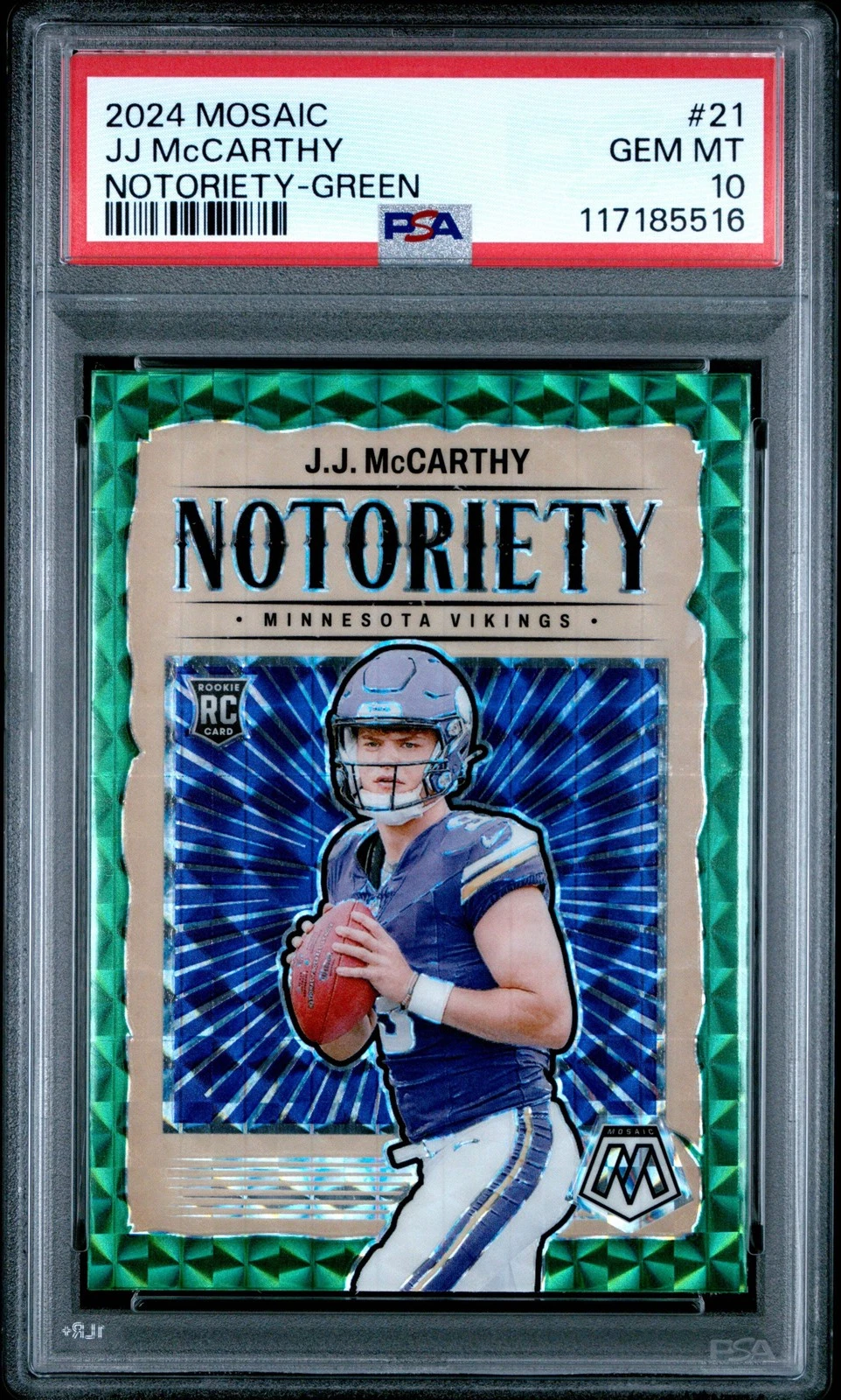 Graded 2024 Mosaic JJ McCarthy #21 Notoriety Green Rookie Football Card PSA 10