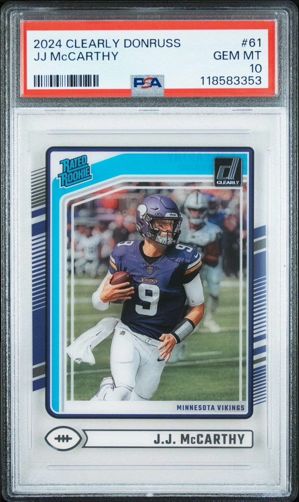 Graded 2024 Panini Clearly Donruss JJ McCarthy #61 Rookie Football Card PSA 10
