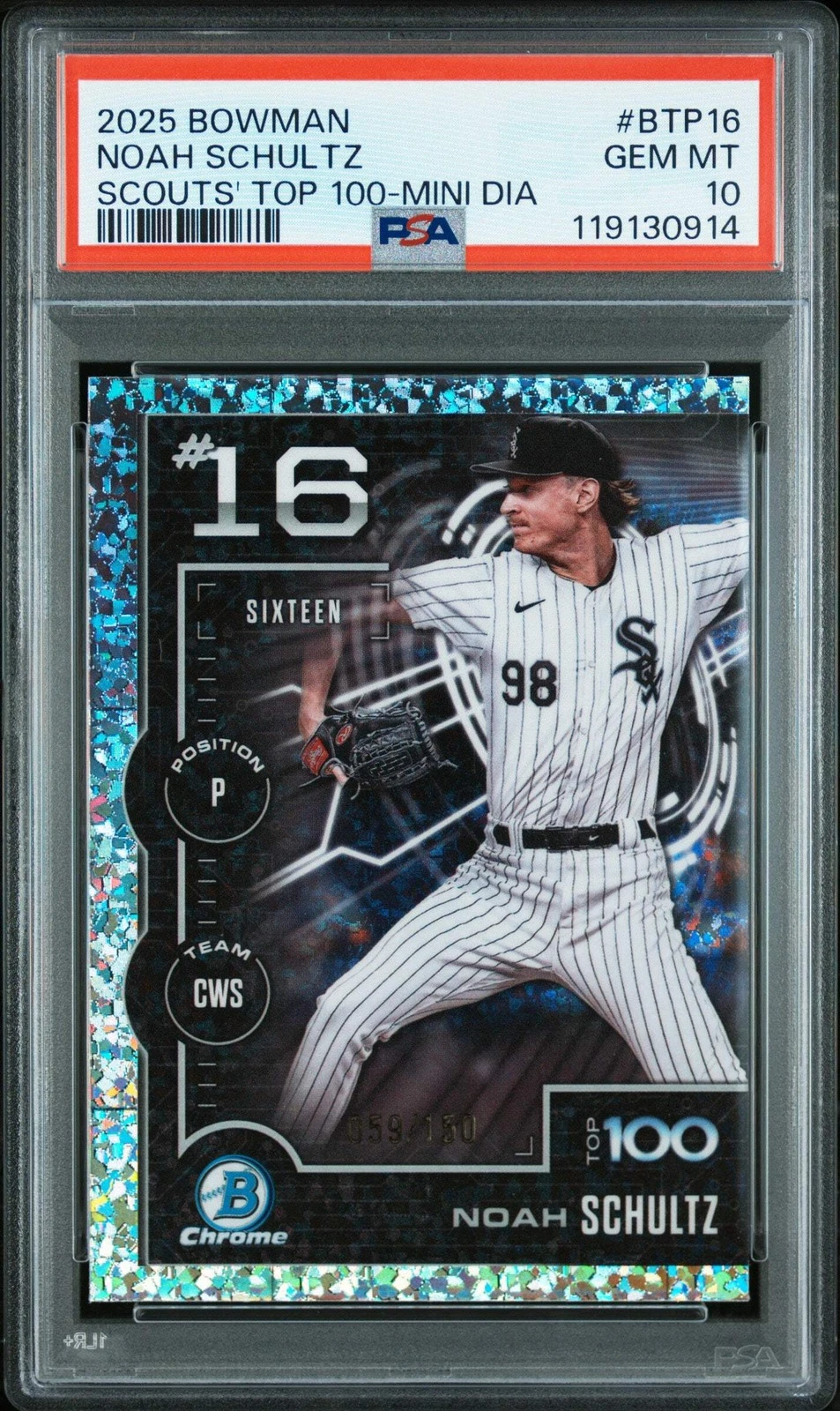 Graded 2025 Bowman Noah Schultz #BTP16 Mini Diamond /150 RC Baseball Card PSA 10