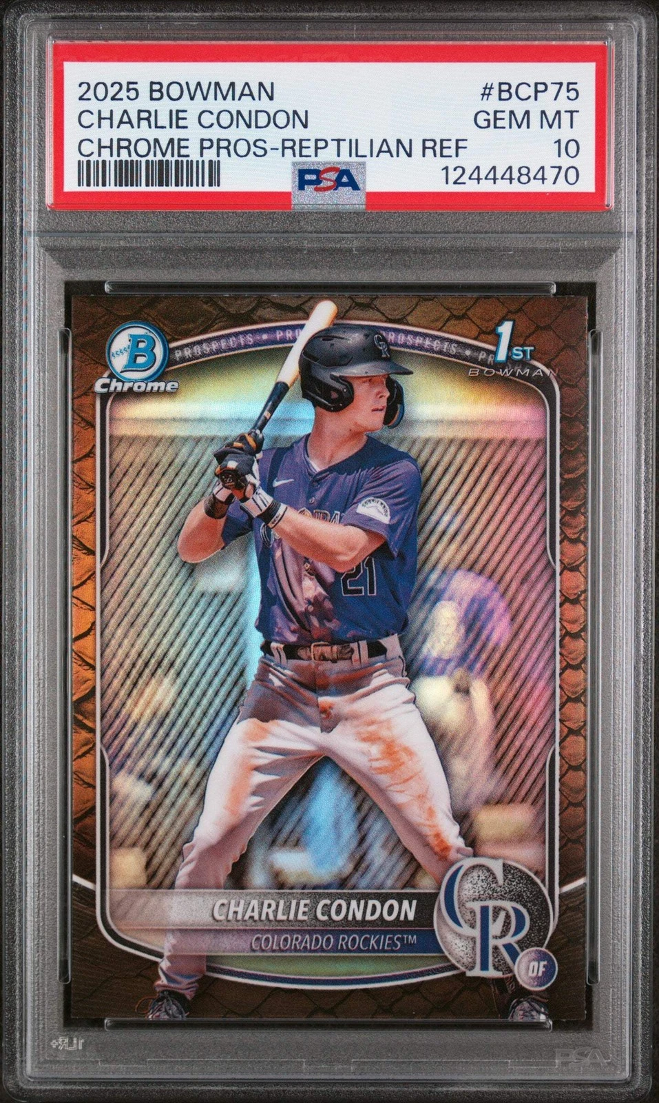 Graded 2025 Bowman Charlie Condon #BCP75 Reptilian REF RC Baseball Card PSA 10
