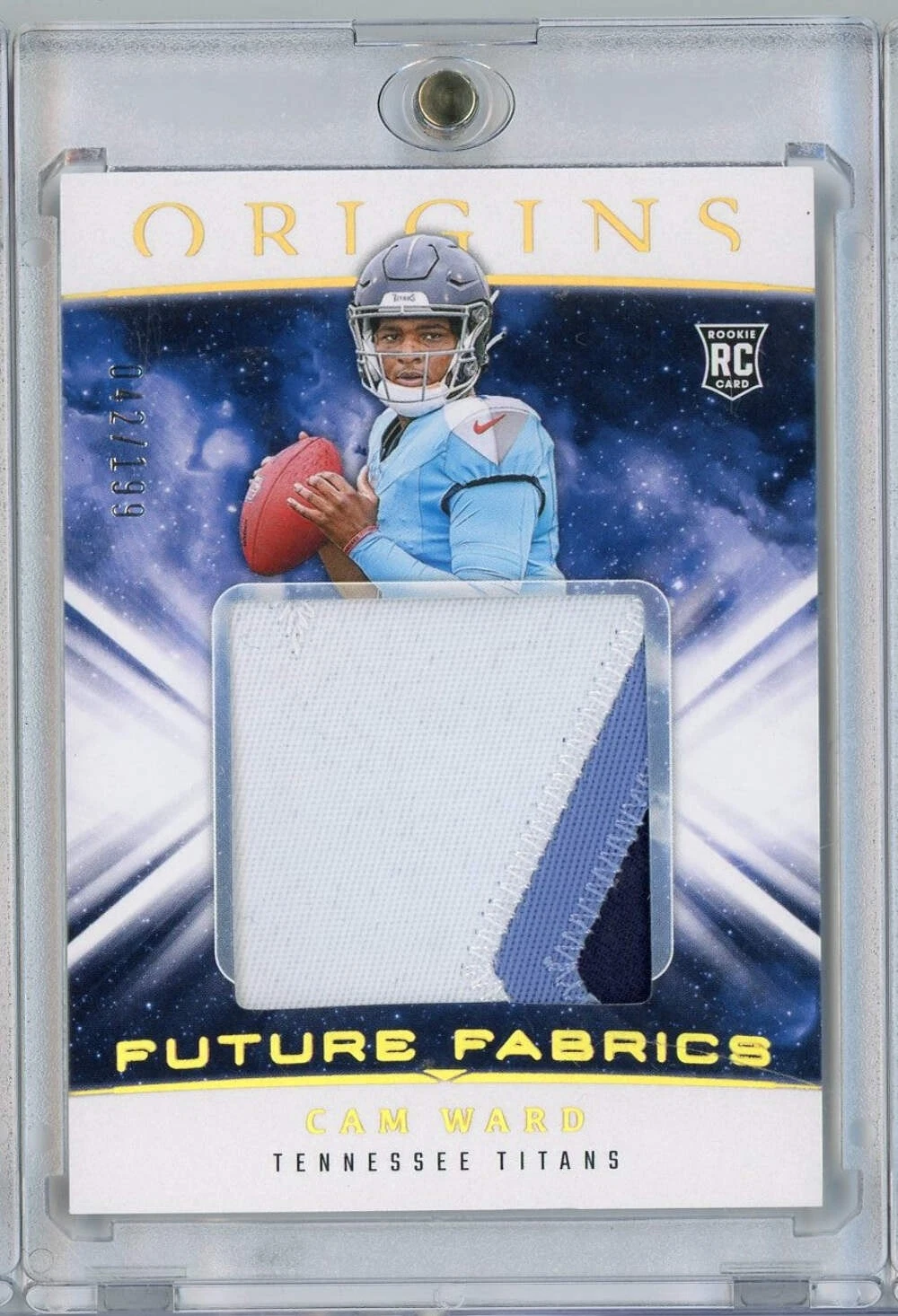 2025 Panini Origins Future Fabrics Cam Ward #FF1 /199 Relic Rookie Football Card