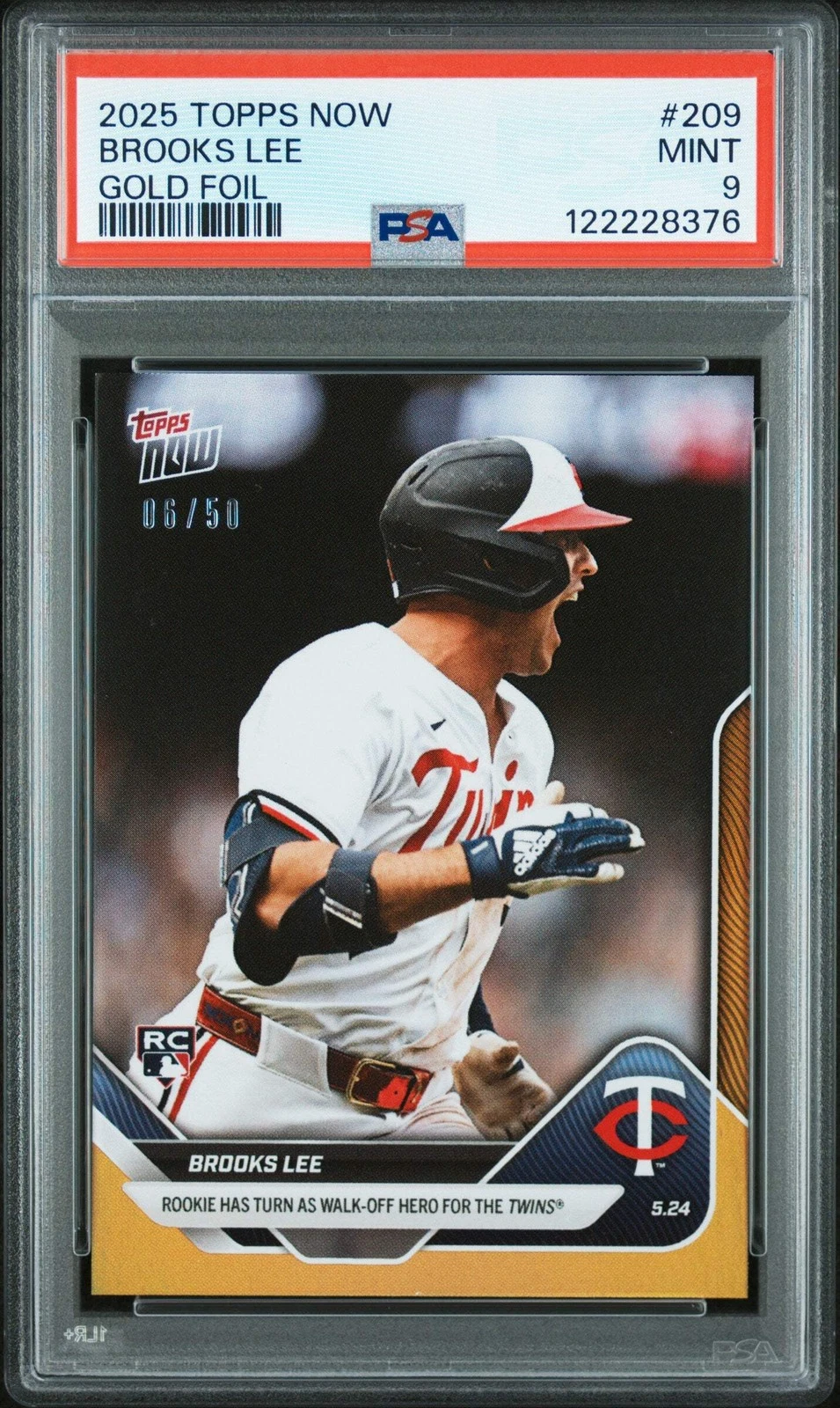 Graded 2025 Topps Now Brooks Lee #209 Gold Foil /50 Rookie Baseball Card PSA 9