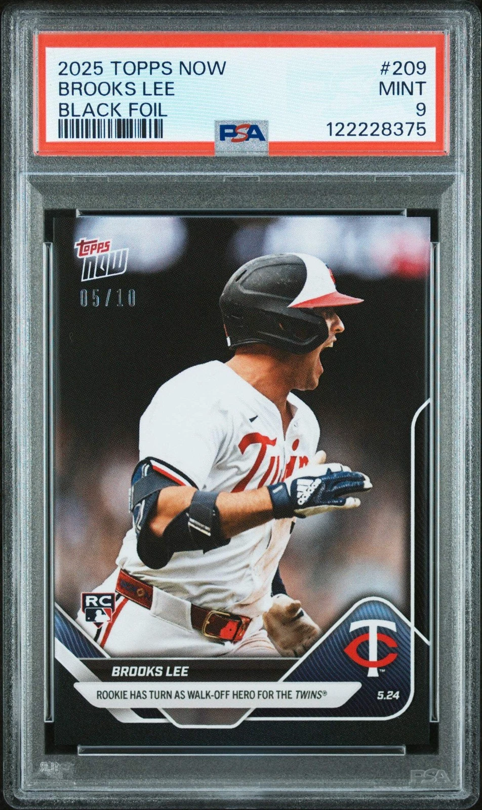 Graded 2025 Topps Now Brooks Lee #209 Black Foil /10 Rookie Baseball Card PSA 9