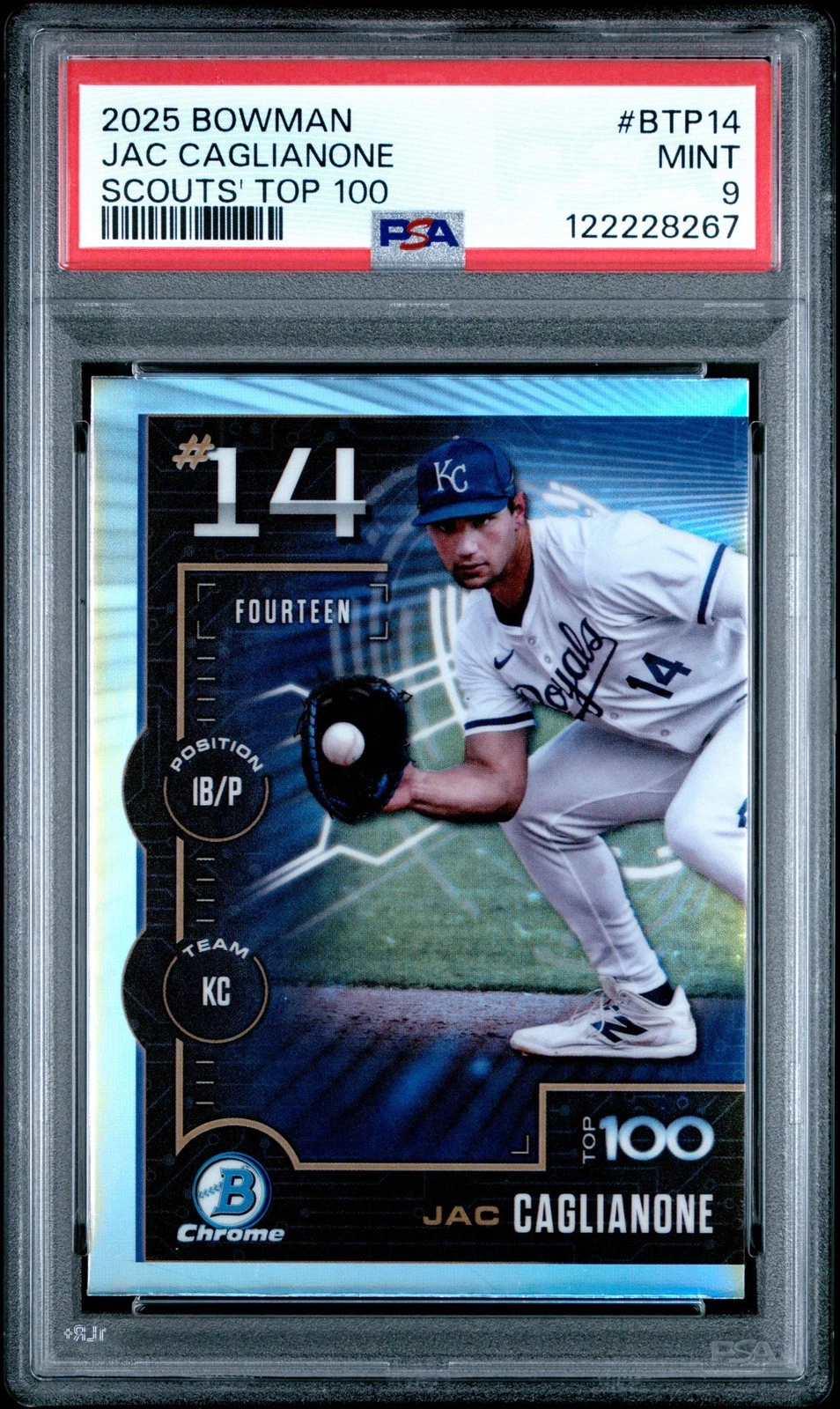 Graded 2025 Bowman Jac Caglianone #BTP14 Scouts Top 100 RC Baseball Card PSA 9