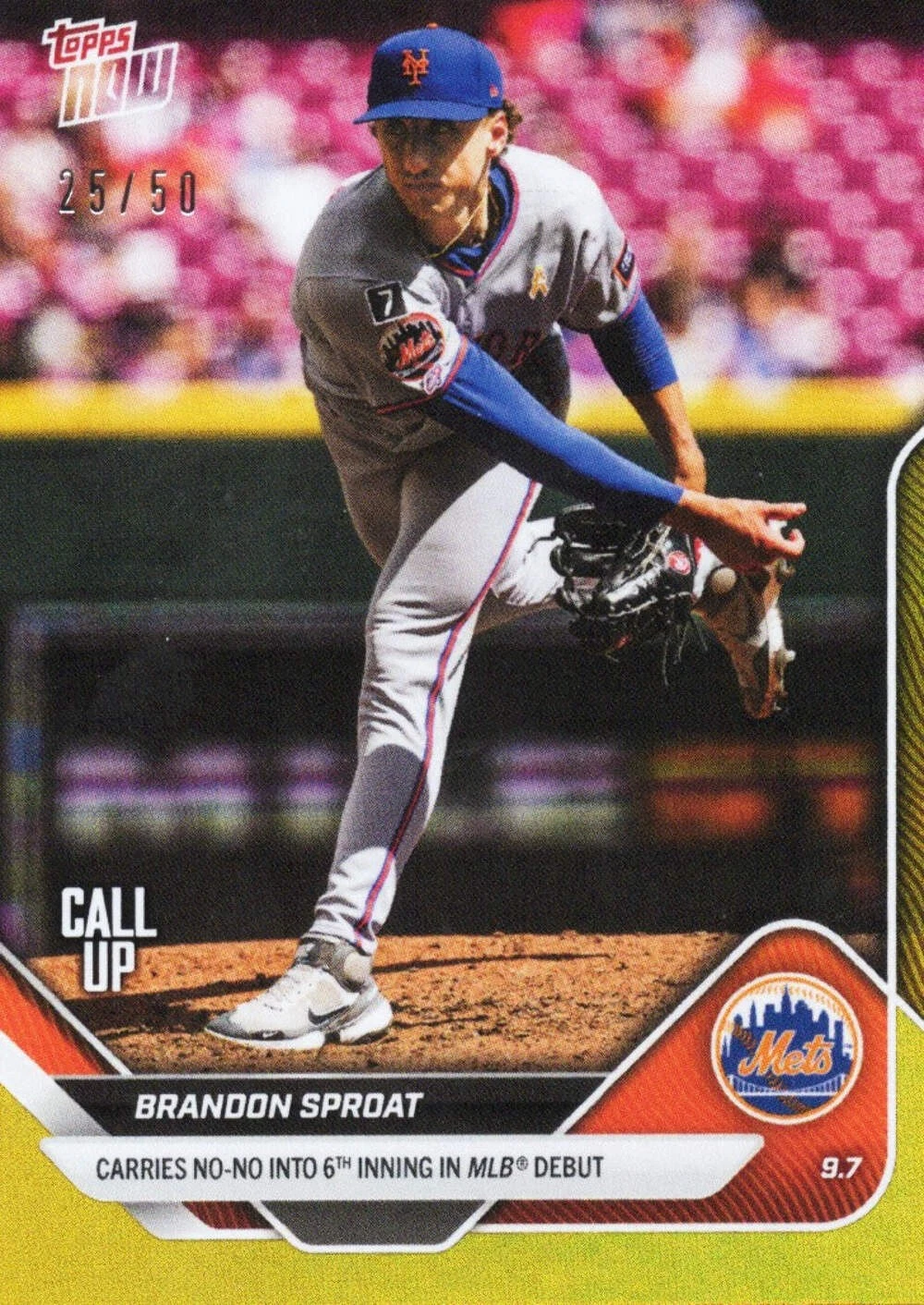 2025 Topps Now Brandon Sproat #672 Gold Foil /50 New York Mets RC Baseball Card