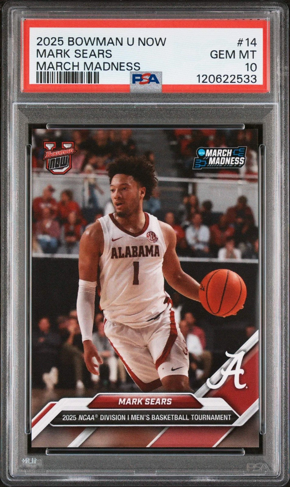 Graded 2025 Bowman U Now Mark Sears #14 March Madness RC Basketball Card PSA 10