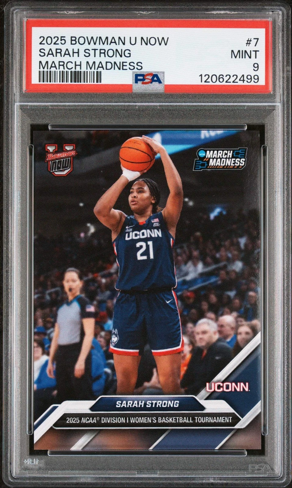 Graded 2025 Bowman U Now Sarah Strong #7 March Madness RC Basketball Card PSA 9