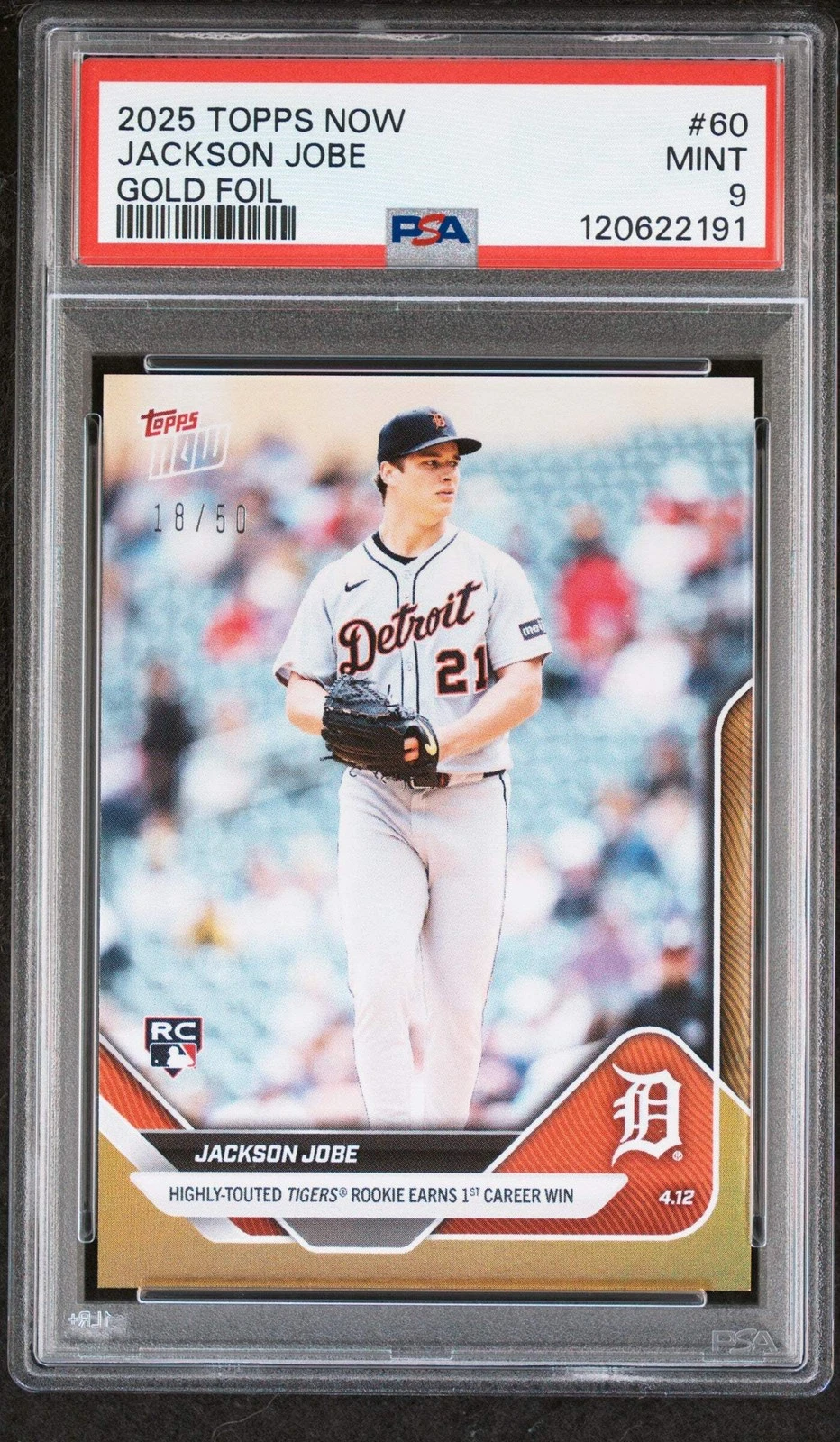 Graded 2025 Topps Now Jackson Jobe #60 Gold Foil /50 Rookie Baseball Card PSA 9