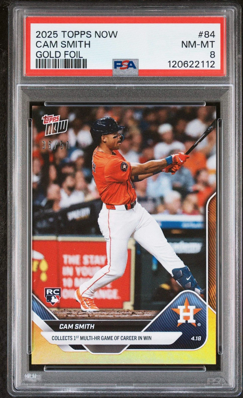 Graded 2025 Topps Now Cam Smith #84 Gold Foil /50 Rookie RC Baseball Card PSA 8