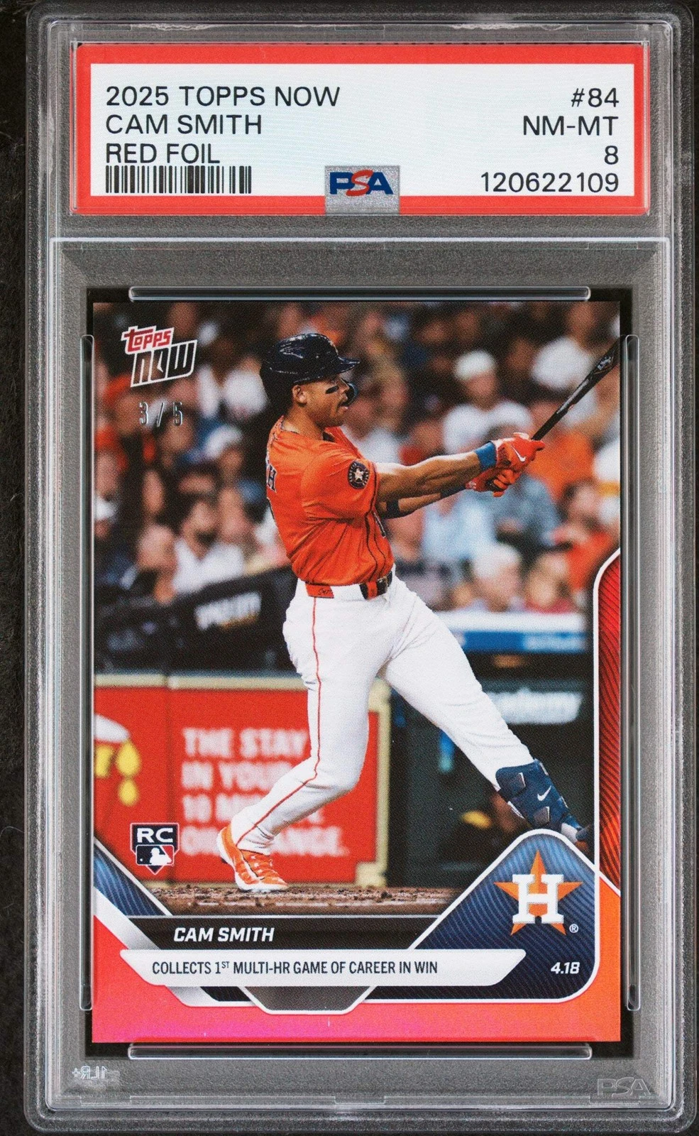 Graded 2025 Topps Now Cam Smith #84 Red Foil /5 Rookie RC Baseball Card PSA 8