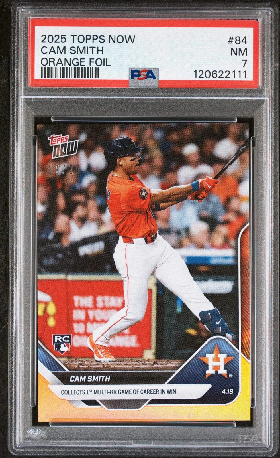 Graded 2025 Topps Now Cam Smith #84 Orange Foil /25 Rookie Baseball Card PSA 7