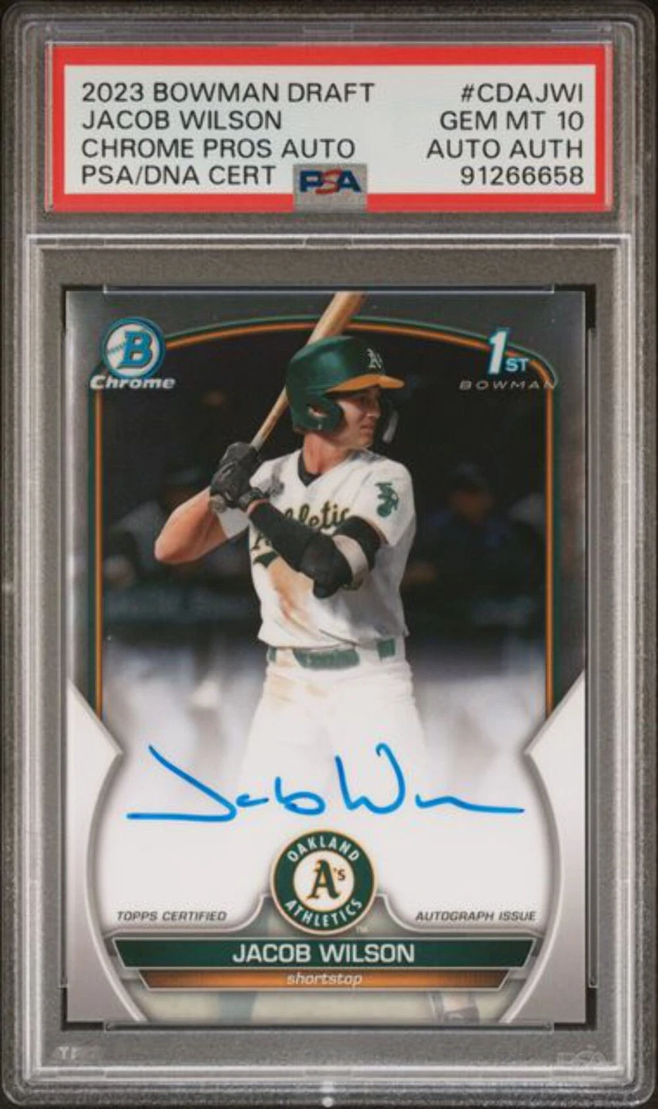 Graded 2023 Bowman Draft Jacob Wilson #CDAJWI Chrome Auto Rookie RC Card PSA 10