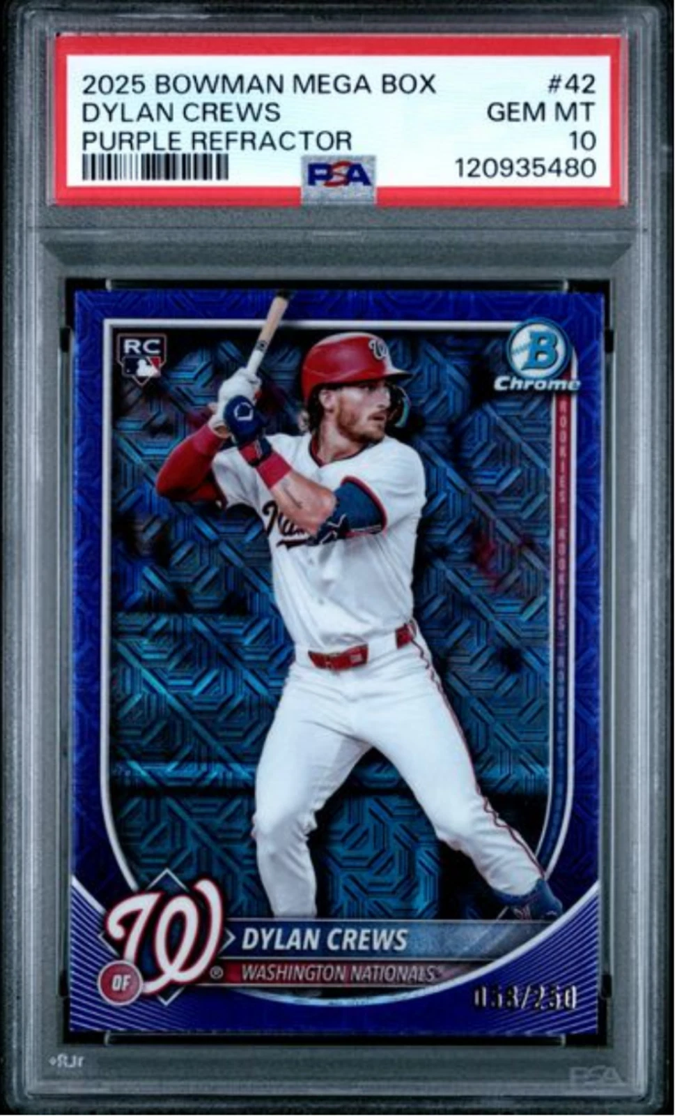 Graded 2025 Topps Bowman M/B Dylan Crews #42 Purple REF /250 Rookie Card PSA 10
