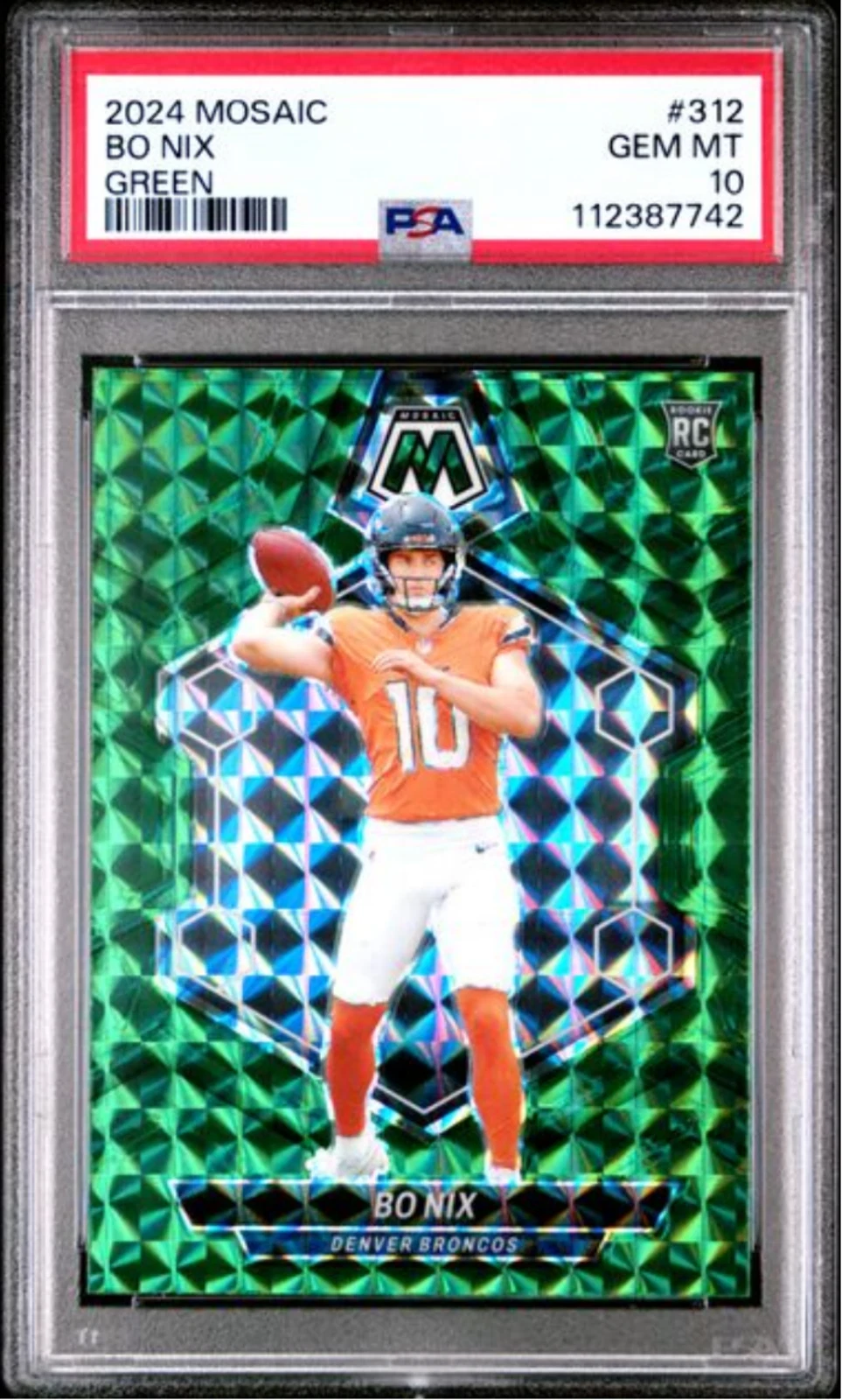 Graded 2024 Panini Mosaic Bo Nix #312 Green Rookie RC Football Card PSA 10 Mint