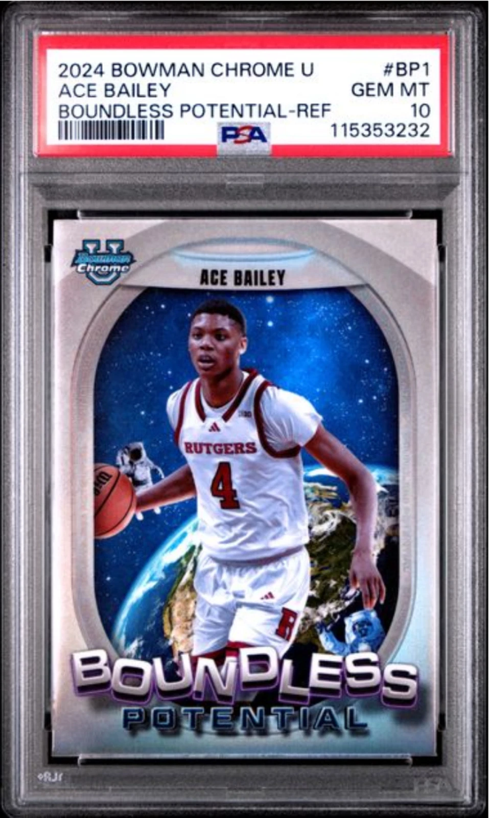 Graded 2024 Bowman Chrome U Ace Bailey #BP1 Refractor Rookie RC Card PSA 10 Mint