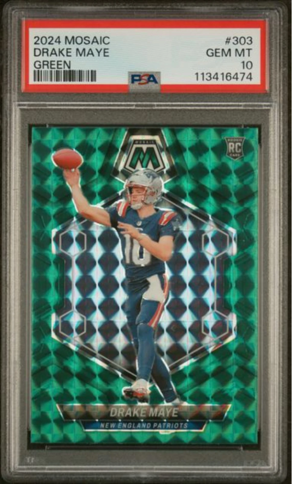 Graded 2024 Panini Mosaic Drake Maye #303 Green Rookie RC Card PSA 10 Gem Mint