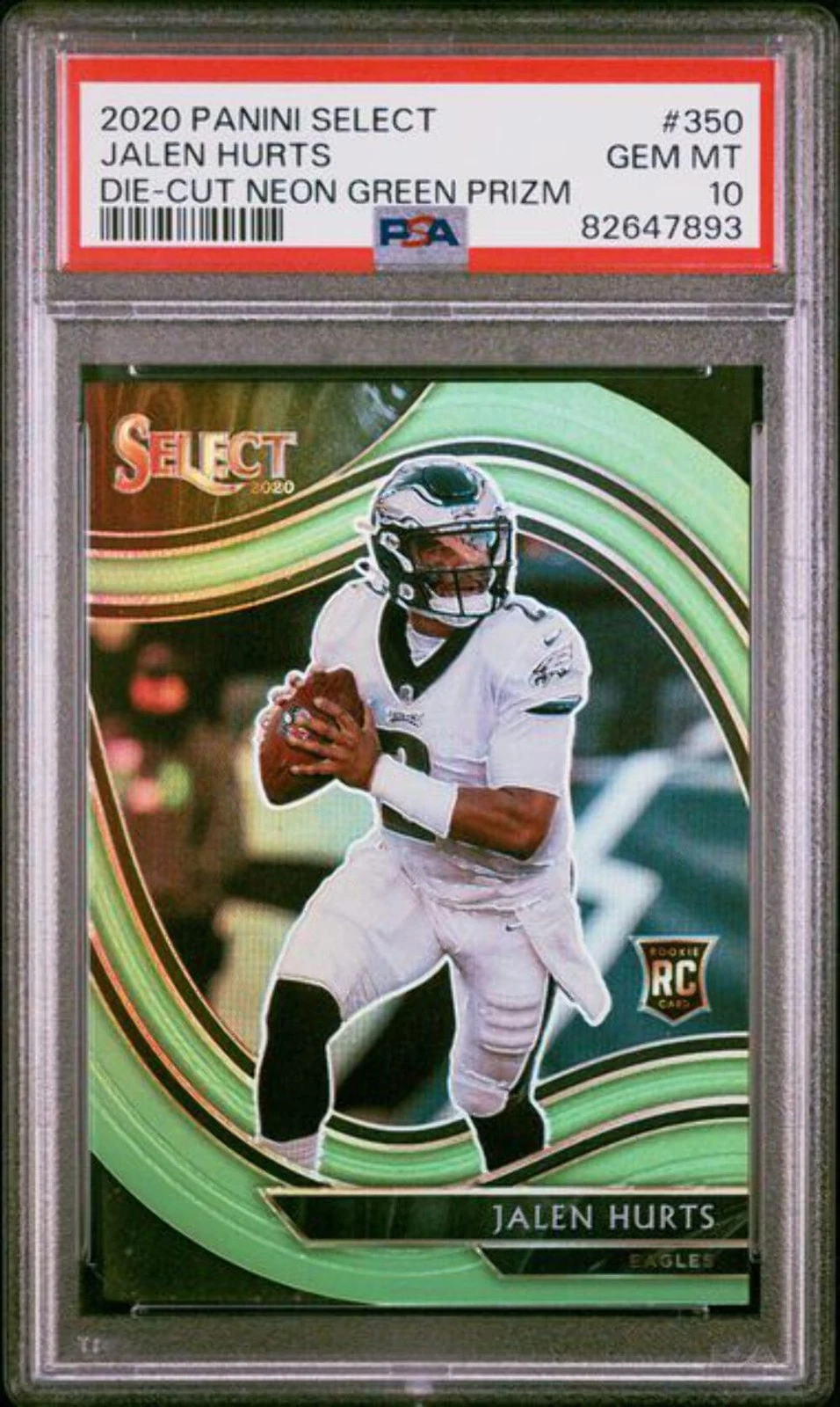 Graded 2020 Panini Select Jalen Hurts #350 Die Cut Neon Green Prizm RC PSA 10