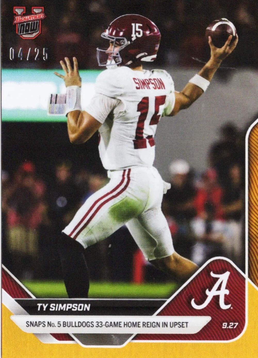 2025 Topps Bowman U Now Ty Simpson #22 Orange Foil /25 Rookie RC Football Card