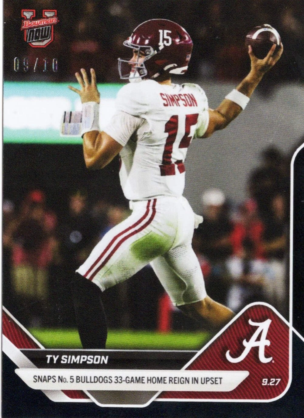 2025 Topps Bowman U Now Ty Simpson #22 Black Foil /10 Rookie RC Football Card