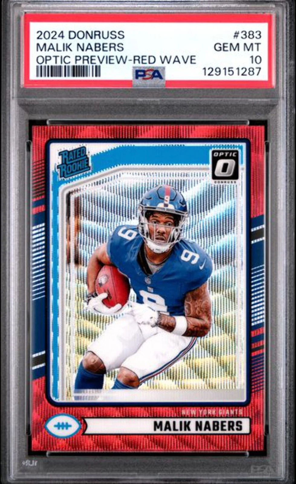 Graded 2024 Donruss Malik Nabers #383 Optic Preview Red Wave Rookie Card PSA 10