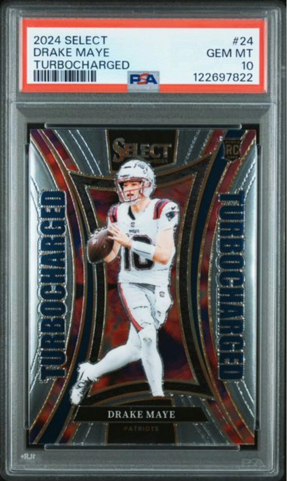 Graded 2024 Panini Select Drake Maye #24 Turbocharged RC Football Card PSA 10