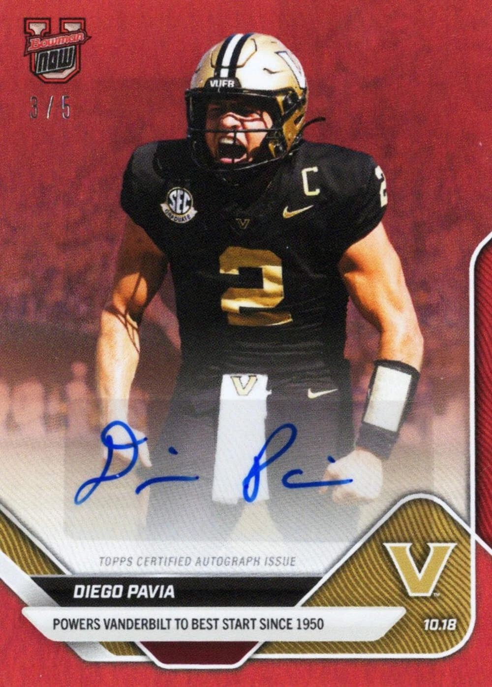 2025 Topps Bowman U Now Diego Pavia #31B Red Auto /5 Rookie RC Football Card