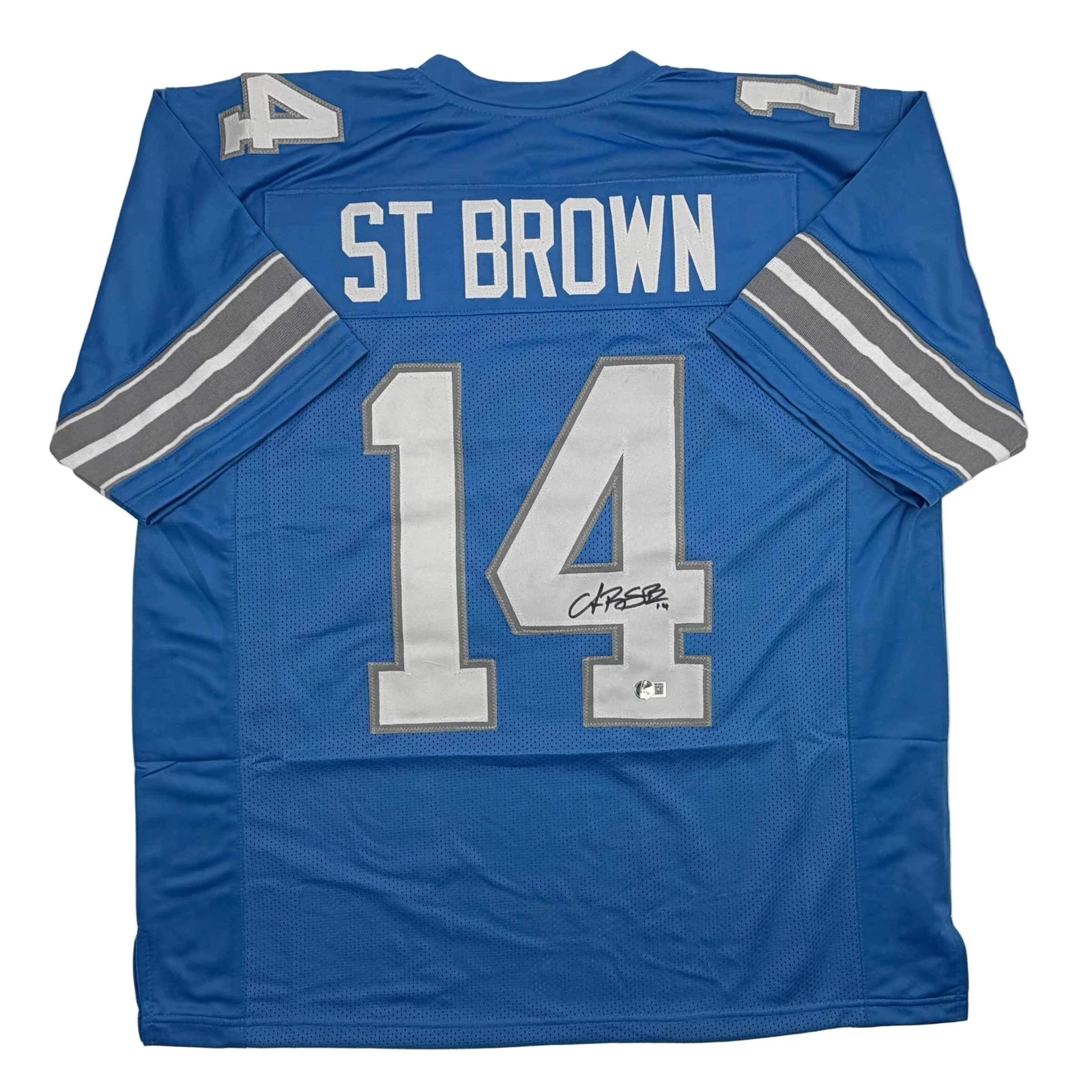 Autographed/Signed Amon-Ra St. Brown Detroit Current Blue Jersey Beckett BAS COA