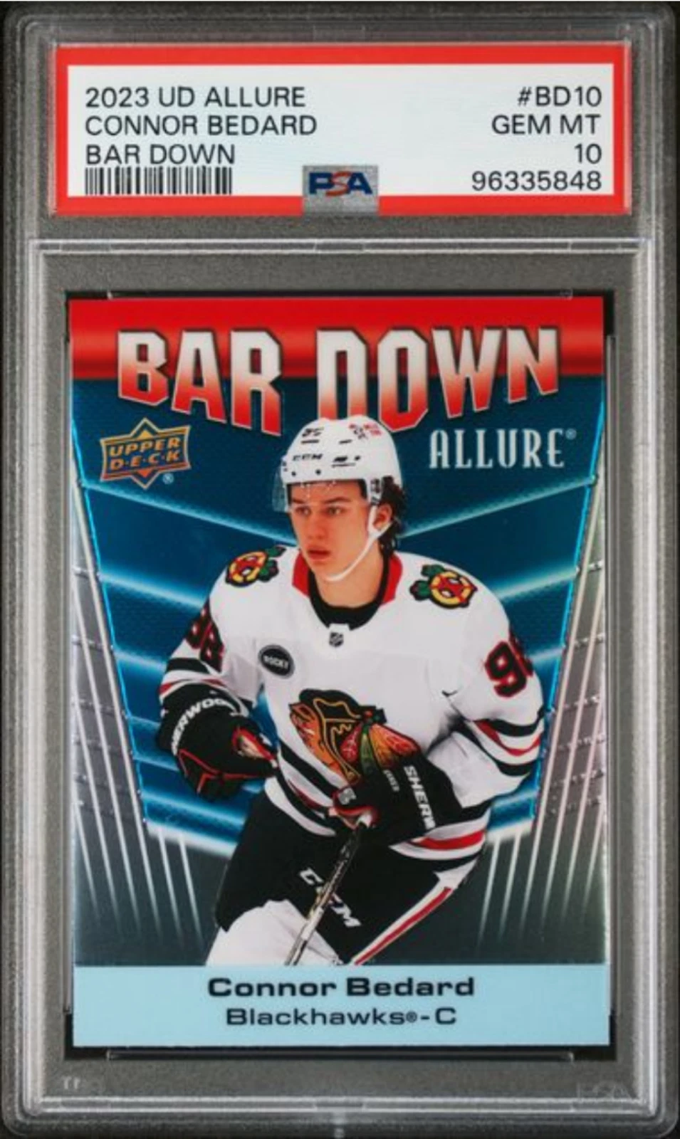 Graded 2023 Upper Deck Allure Connor Bedard #BD10 Bar Down Rookie RC Card PSA 10