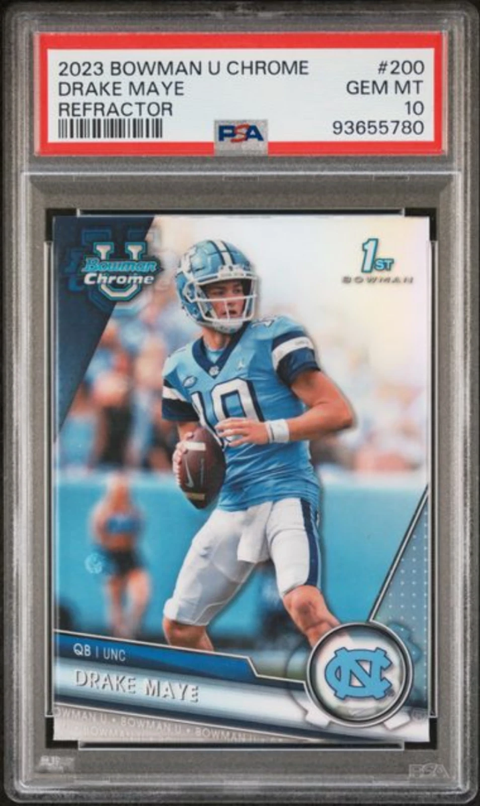 Graded 2023 Bowman U Chrome Drake Maye #200 Refractor RC Football Card PSA 10