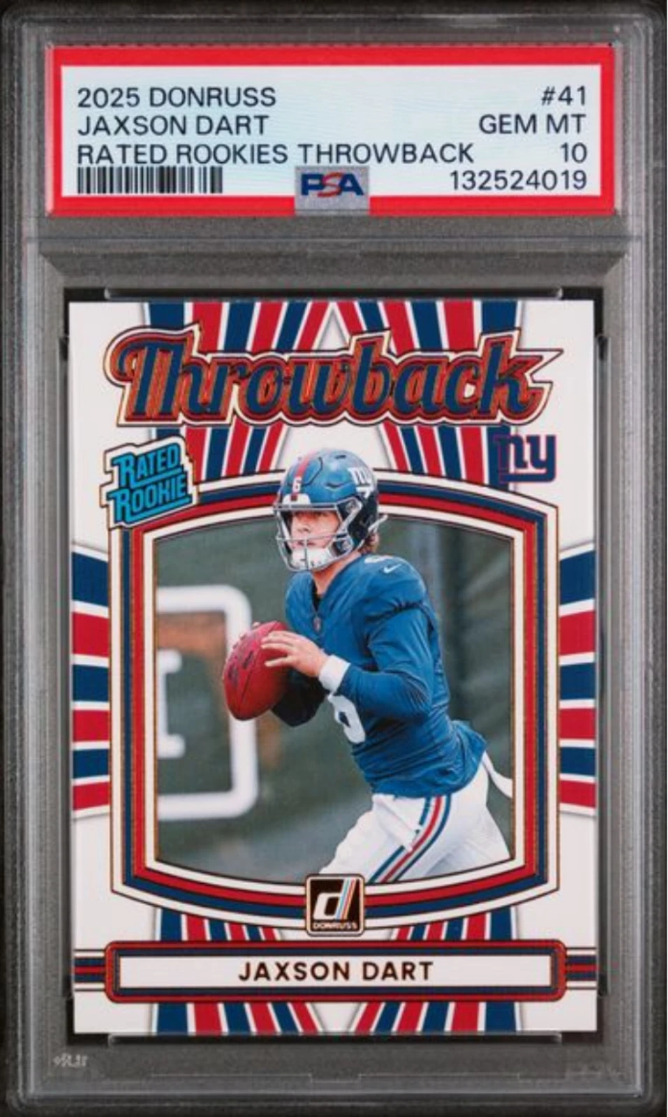 Graded 2025 Donruss Jaxson Dart #41 Rated Rookies Throwback Football Card PSA 10