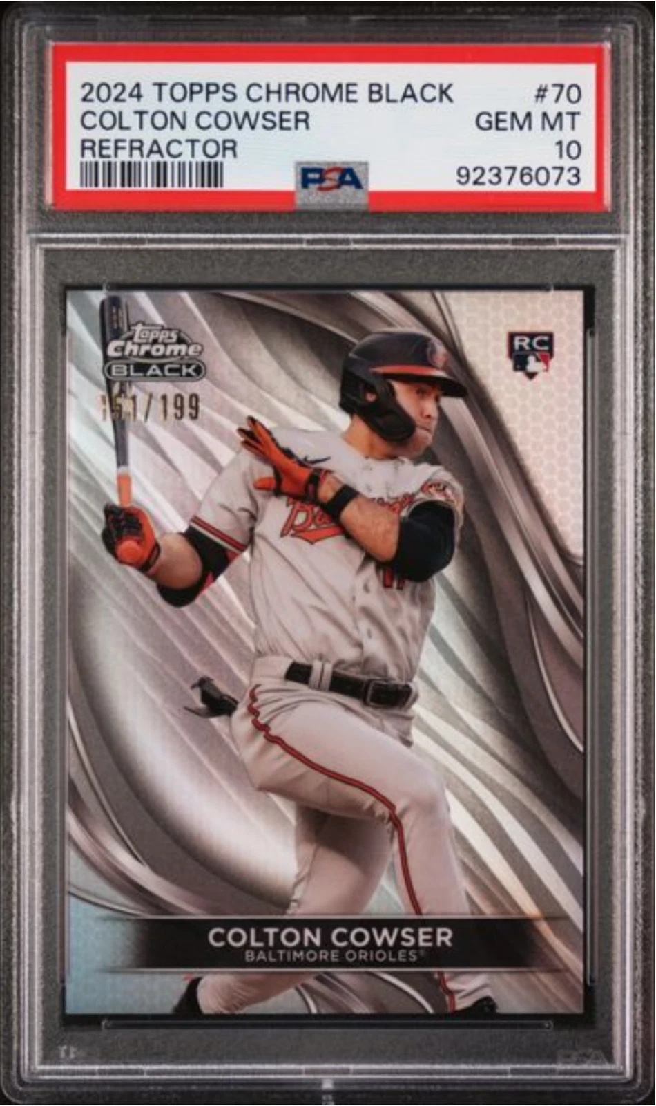 Graded 2024 Topps Chrome Black Colton Cowser #70 REF /199 Baseball Card PSA 10