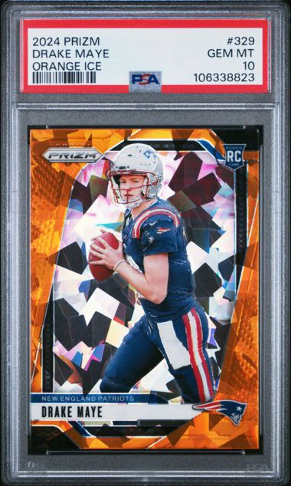Graded 2024 Panini Prizm Drake Maye #329 Orange Ice Rookie Football Card PSA 10
