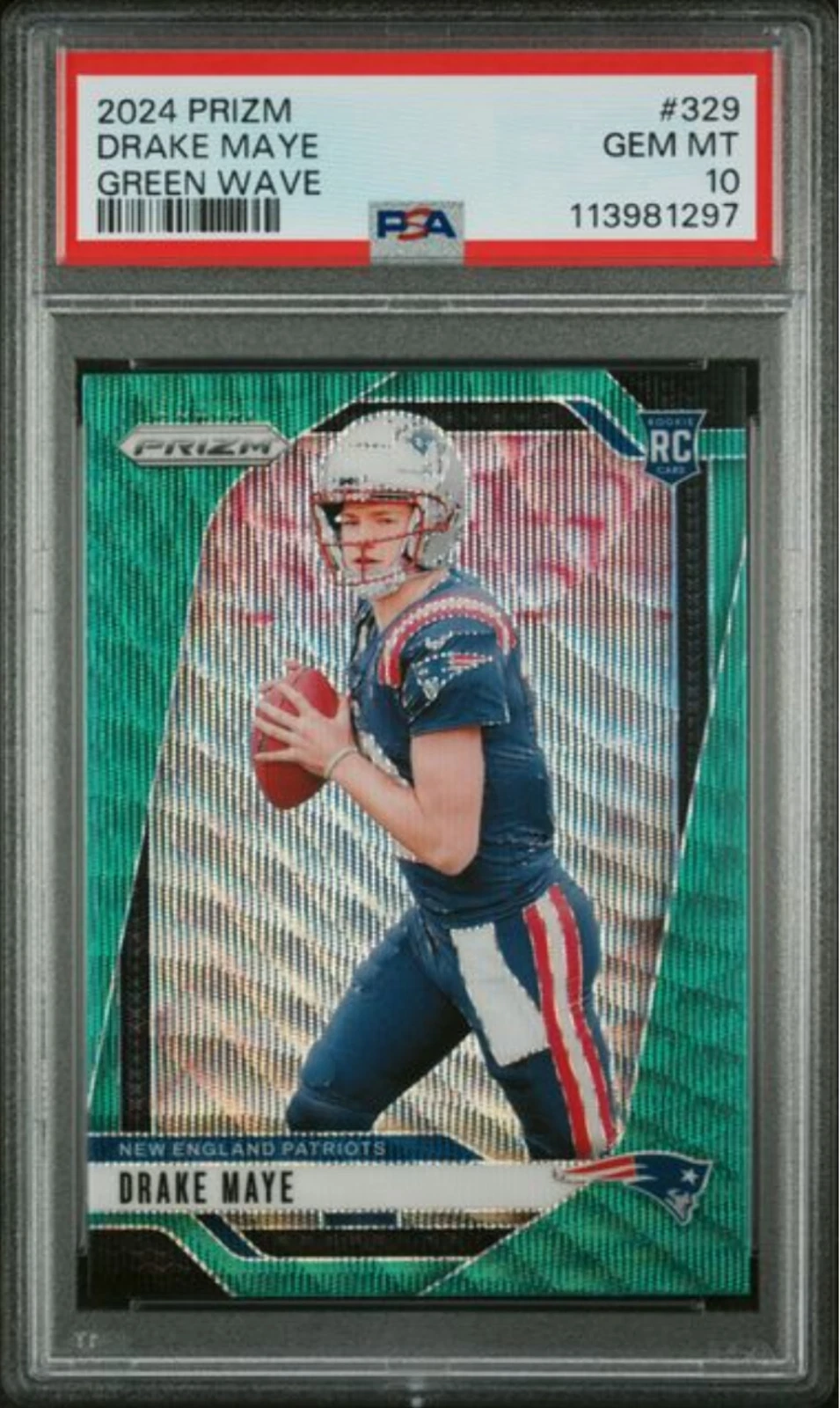 Graded 2024 Panini Prizm Drake Maye #329 Green Wave Rookie RC Card PSA 10 Mint