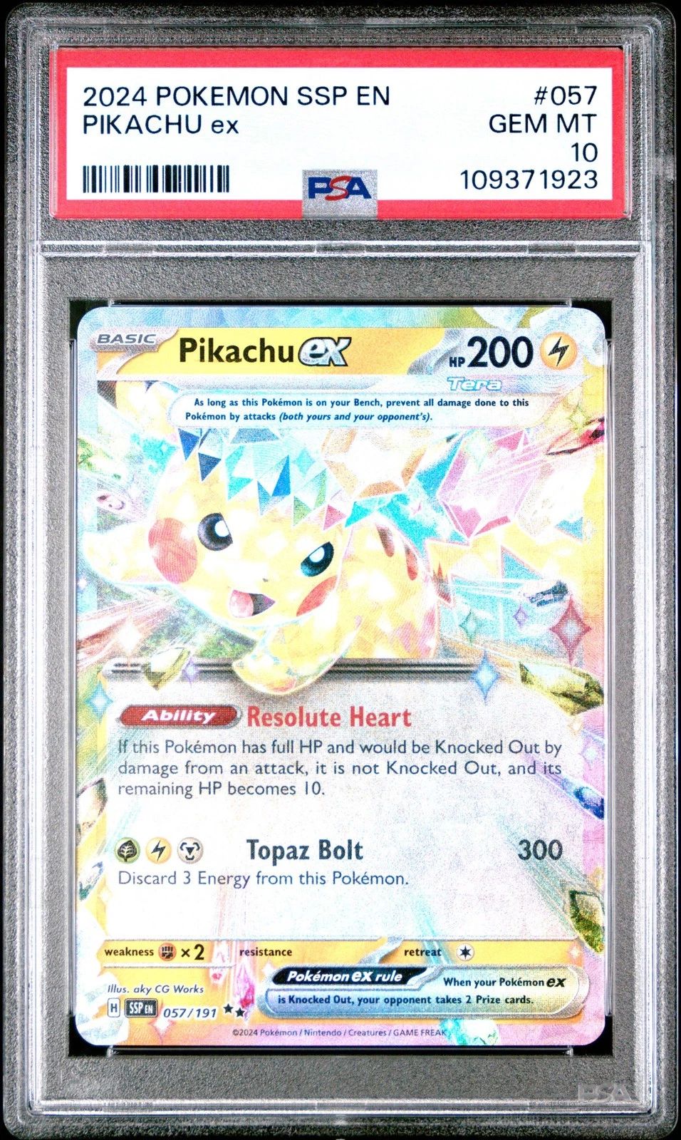 Graded 2024 Pokemon Ssp En-Surging Sparks #057 Pikachu Ex PSA 10 Gem Mint