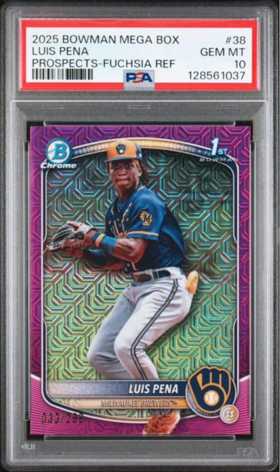 Graded 2025 Topps Bowman Mega Box Luis Pena #38 Fuschia /299 Rookie Card PSA 10