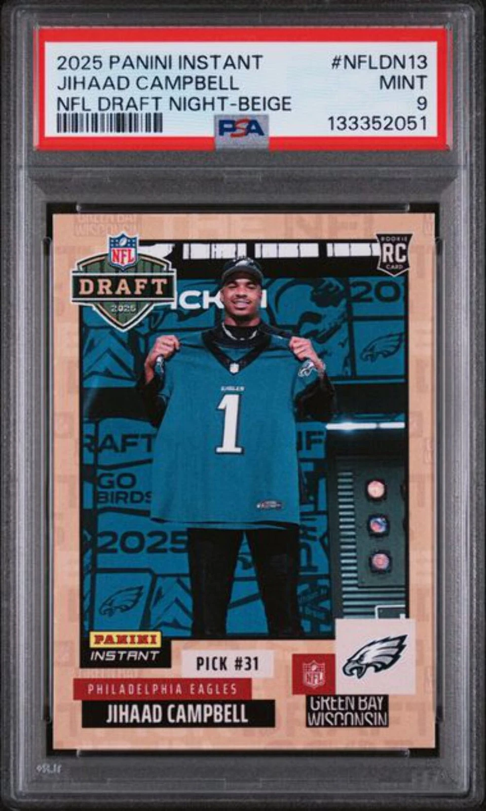Graded 2025 Panini Instant DN Beige Jihaad Campbell #NFLDN13 /25 RC Card PSA 9